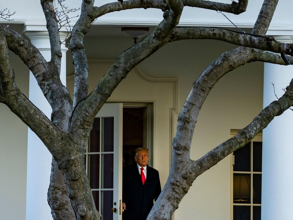 President Trump emerges from the Oval Office on Wednesday as he departs the White House en route to Florida's Mar-a-Lago, where he will spend Christmas and New Year's Eve.