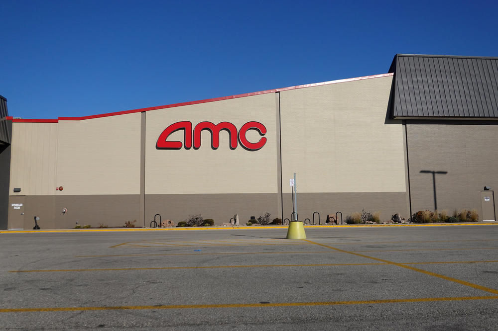 An AMC movie theater shuttered by the coronavirus in Harwood Heights, Ill.