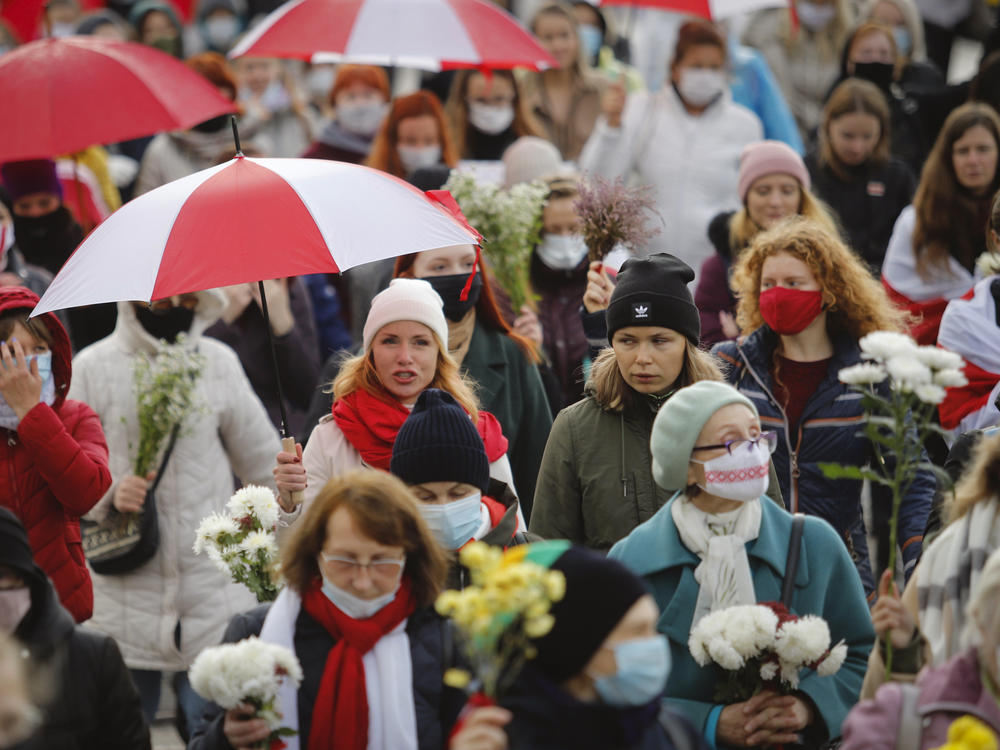 Belarusian women protest in Minsk, Belarus, in October,  demanding the resignation of the country's authoritarian President Alexander Lukashenko.