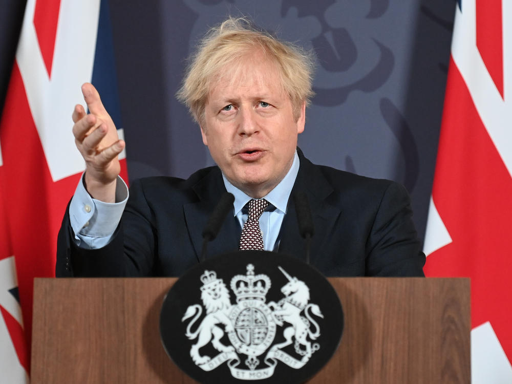 Britain's Prime Minister Boris Johnson speaks during a news briefing in Downing Street, London, Thursday, after Britain and the European Union struck a free trade agreement.