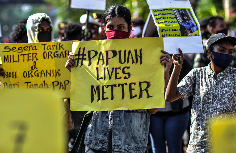 Alliance of Papuan Students are seen protesting in Surabaya, Indonesia, on June 16, 2020.
