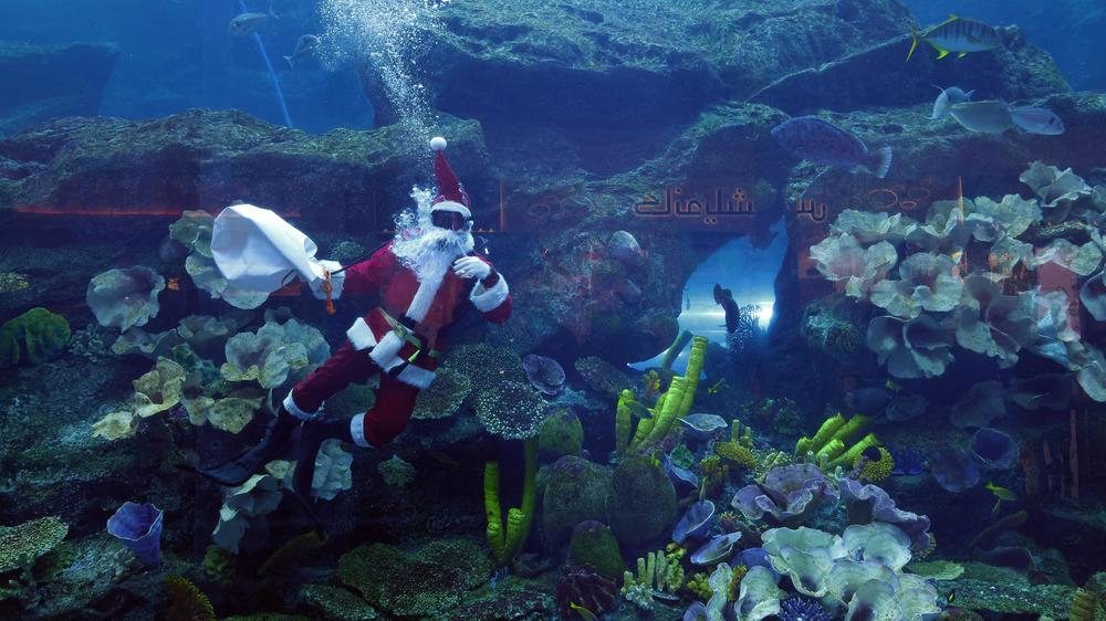 A diver dressed as Santa Claus greets visitors at the Dubai mall aquarium, in the United Arab Emirates, on Dec. 24, 2020.