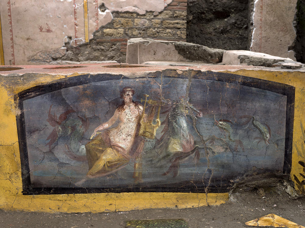 A painting of a sea nymph riding a sea-horse adorns one of the counters in the thermopolium.