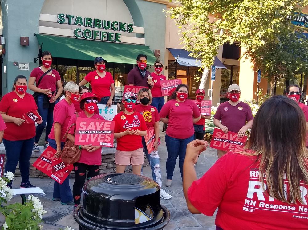Unionized nurses in California held a rally Aug. 5 as part of a National Day of Action to increase awareness, they say, of ways nurse staffing ratios in hospitals can have an impact on patient safety.