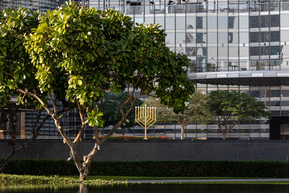 A menorah stands on display at the base of the Burj Khalifa, the world's tallest building, in Dubai.