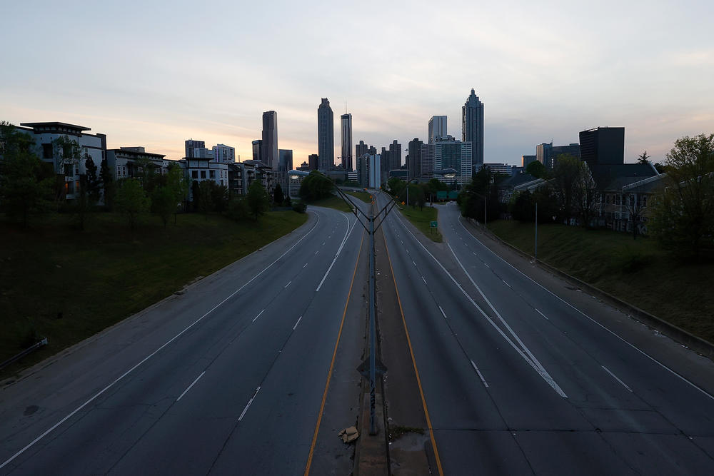 A view of an empty John Lewis Freedom Parkway against the backdrop of downtown Atlanta on April 4.