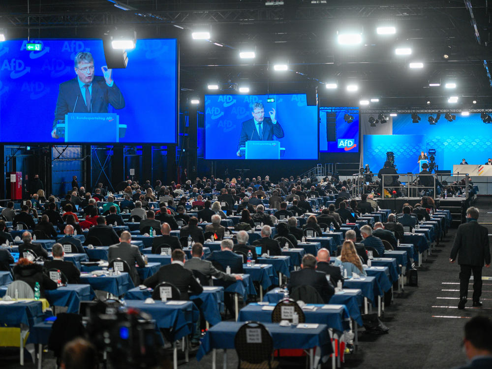 Jörg Meuthen, co-federal leader of the Alternative for Germany (AfD) political party, speaks at the party congress Nov. 28, in Kalkar, Germany. Meuthen criticized the party's right wing in his speech. The AfD held the two-day congress in person, as total confirmed coronavirus infections passed the 1 million mark.