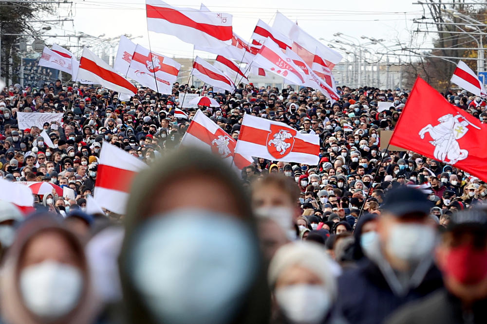 In Minsk, opposition supporters protest the Belarus presidential election results on Oct. 18. Protests began after longtime President Alexander Lukashenko claimed victory in a disputed Aug. 9 election, and continued through the rest of the year. Lukashenko's regime has jailed opposition leaders and forced others into exile.