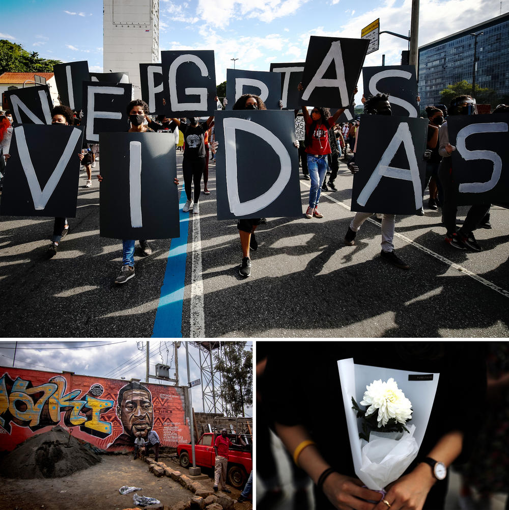 The killing of George Floyd in Minnesota resonated and led to huge demonstrations for racial justice around the world. Top: Protesters hold Portuguese signs reading 