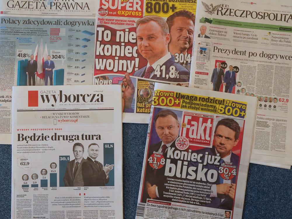 Front pages of main polish newspapers are pictured one day after the first round of the presidential election in Poland on June 29, 2020. European poll observers say 
