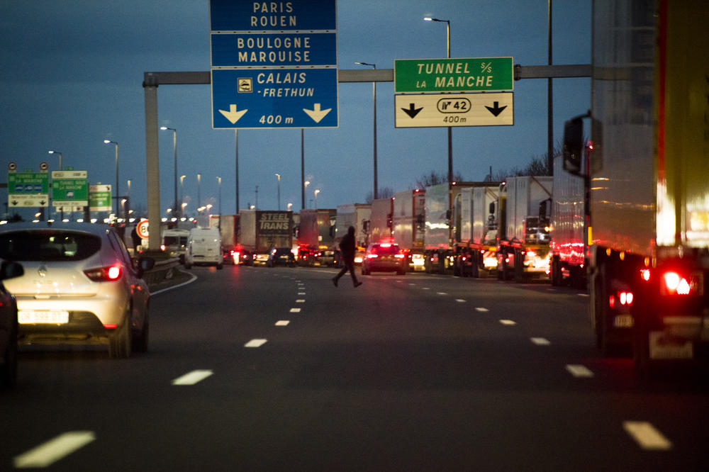Trucks backed up for miles as they waited to enter the Eurotunnel complex on Dec. 16, in Calais, France. Great Britain and the European Union reached a last-minute post-Brexit trade agreement on Dec. 24.