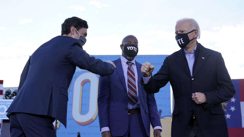 President-elect Joe Biden campaigned in Atlanta for Senate candidates Raphael Warnock (center) and Jon Ossoff (left). President Trump also traveled to Georgia to campaign for the Republican candidates.