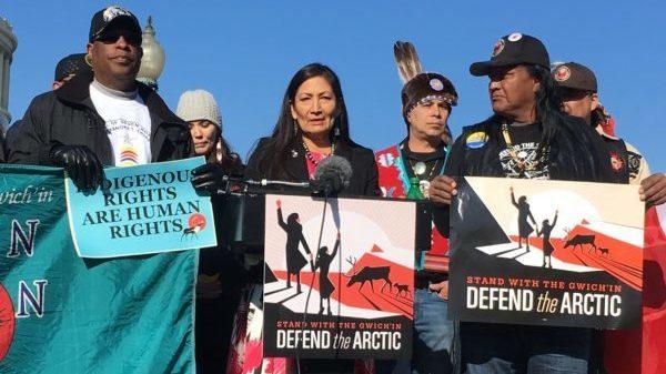 Rep. Deb Haaland at a 2018 rally in Washington, D.C., to oppose drilling in the Arctic National Wildlife Refuge. President-elect Joe Biden has tapped Haaland to lead the Department of the Interior.
