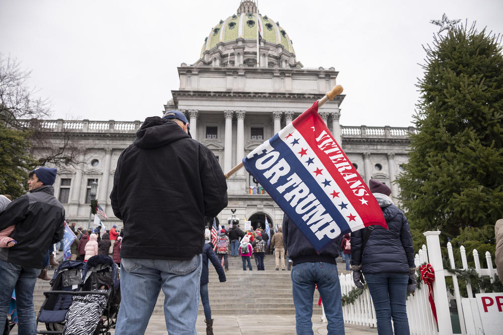 President Trump's supporters gather Tuesday on the steps at the Pennsylvania state Capitol in Harrisburg.