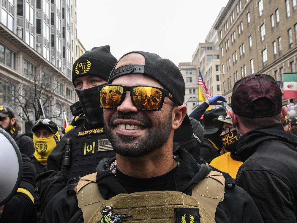 Enrique Tarrio, leader of the Proud Boys, during a protest last month in Washington, D.C. Tarrio has been charged with destruction of property and possession of high-capacity firearm magazines.