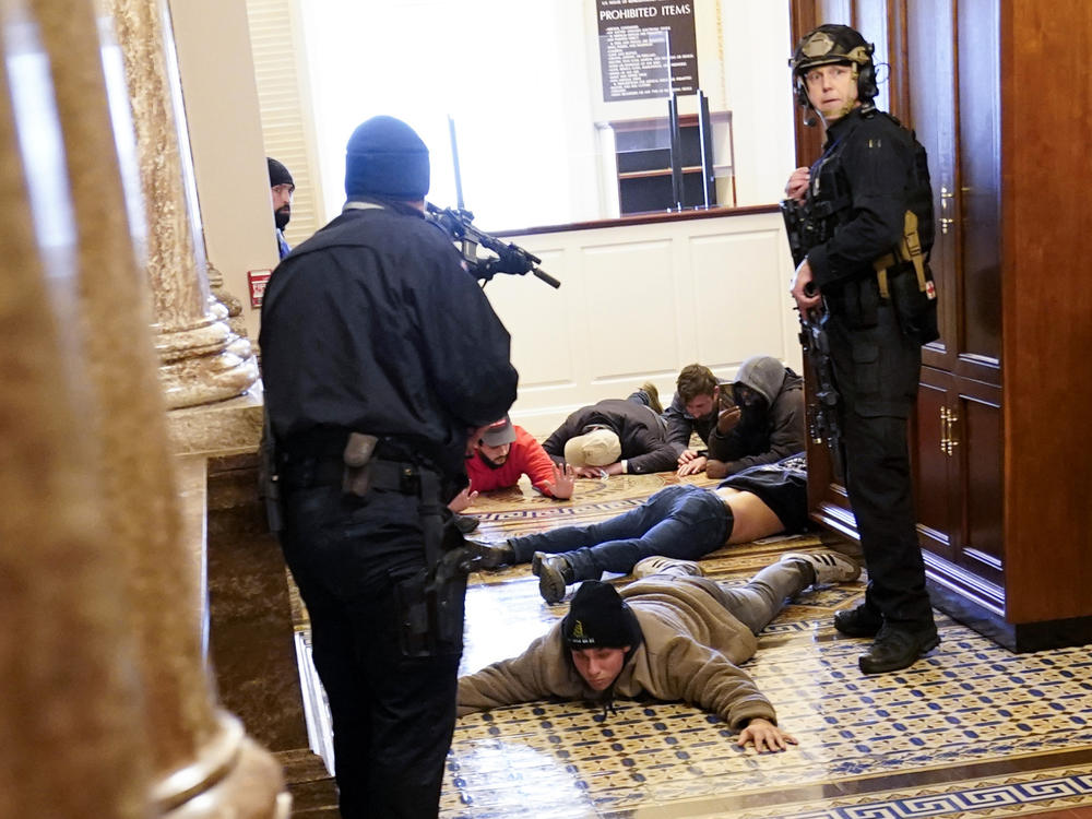 U.S. Capitol Police hold protesters at gunpoint near the House Chamber inside the U.S. Capitol on Wednesday.