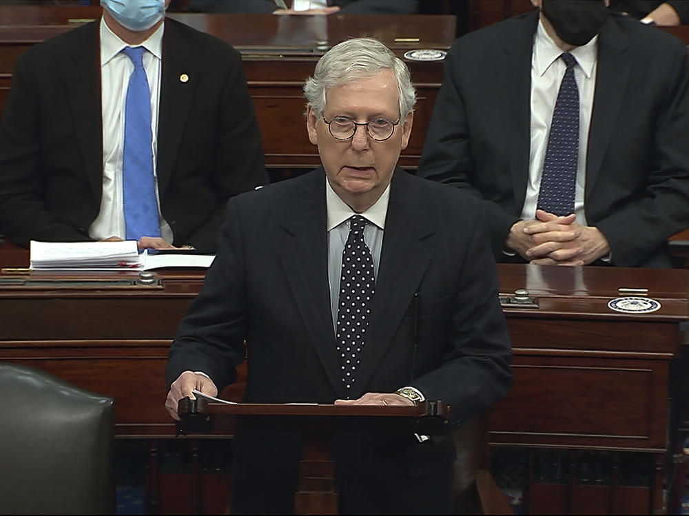 Senate Majority Leader Mitch McConnell of Kentucky speaks on the Senate floor as the Senate reconvened after a mob stormed into the U.S. Capitol on Wednesday.