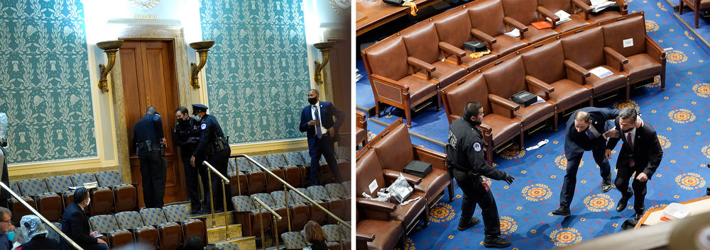 Left: U.S. Capitol Police draw their guns as rioters attempt to enter the House chamber. Right: Members of Congress run for cover as people try to force their way into the House chamber.