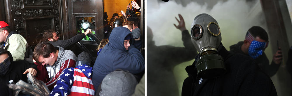 Left: Rioters gather at the door of the U.S. Capitol building. Right: A member of the mob wears a gas mask after storming the U.S. Capitol.