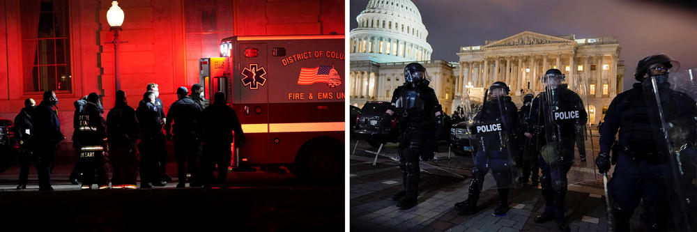 Left: A person on a stretcher is loaded into an ambulance outside the Capitol on Wednesday. Right: Authorities remove people from the Capitol.