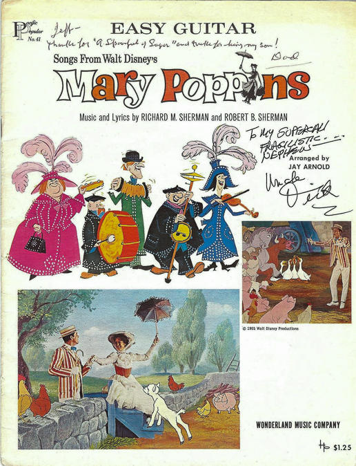 Mary Poppins memorabilia from Jeffrey Sherman's childhood, with special dedication from the Sherman Brothers. Robert Sherman's dedication reads, 