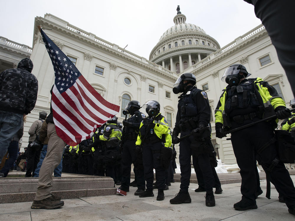 Police officers push back demonstrators trying to break into the U.S. Capitol on Wednesday.