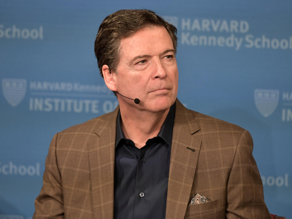 Former FBI Director James Comey speaks at Harvard Kennedy School with Harvard's Eric Rosenbach on Feb. 24, 2020 in Boston, Mass.
