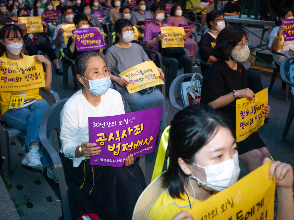 Hundreds of people gather for a rally to mark the International Memorial Day for Comfort Women on August 14, 2020 in Seoul, South Korea. A South Korean court recently ordered Japan to financially compensate 12 women forced into sexual slavery by the Japanese.