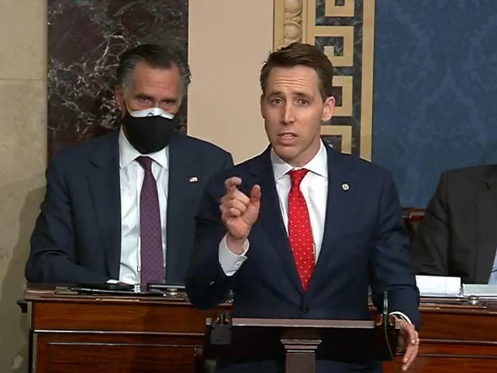 In this screenshot taken from a congress.gov webcast, Missouri Republican Sen. Josh Hawley speaks during a Senate debate session to ratify the 2020 presidential election on Wednesday in Washington, D.C.