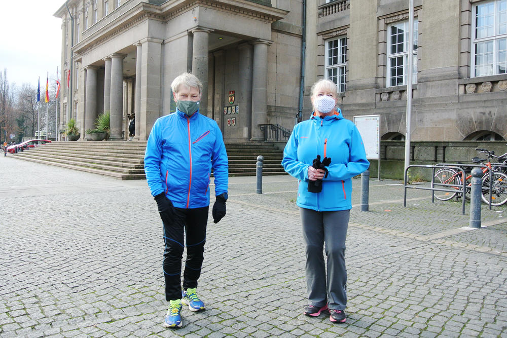 Native Berliners Jürgen Siegmund and Martina Pachaly on John-F.-Kennedy-Platz (John F. Kennedy Square) outside Rathaus Schöneberg, the building where U.S. President John F. Kennedy delivered his 
