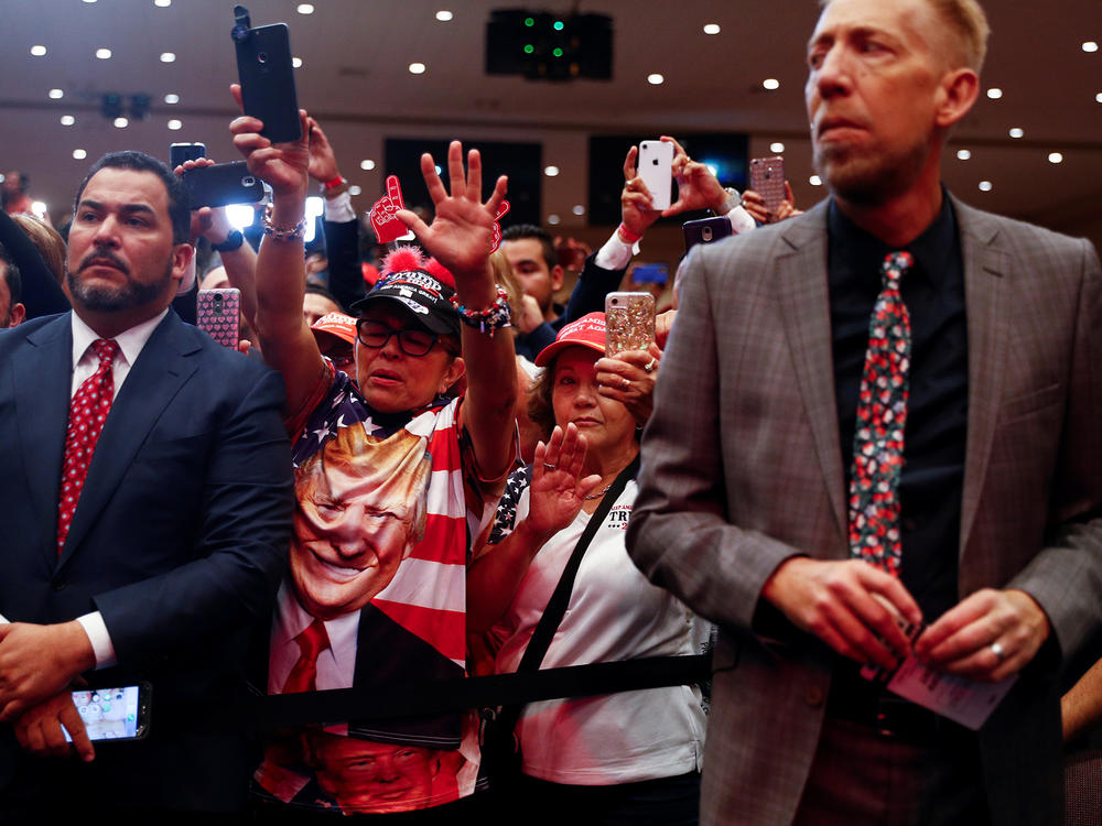 Members of the audience react as President Trump delivers remarks at an Evangelicals for Trump coalition launch at the King Jesus International Ministry in Miami on Jan. 3, 2020.