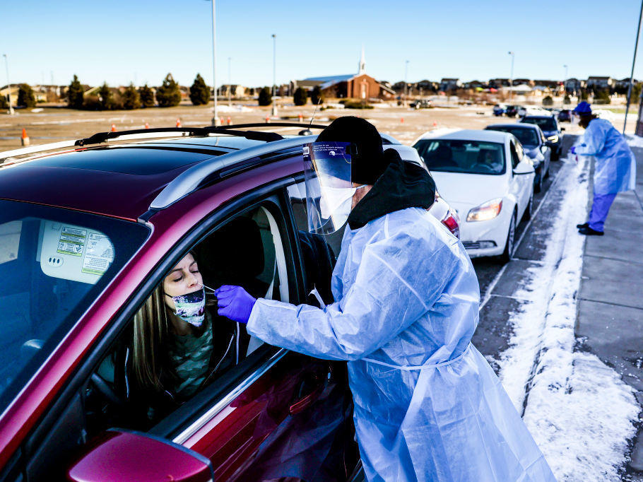 A coronavirus variant that is thought to be more contagious was detected in the United States in Elbert County, Colo., not far from this testing site in Parker, Colo. The variant has been detected in several U.S. states.