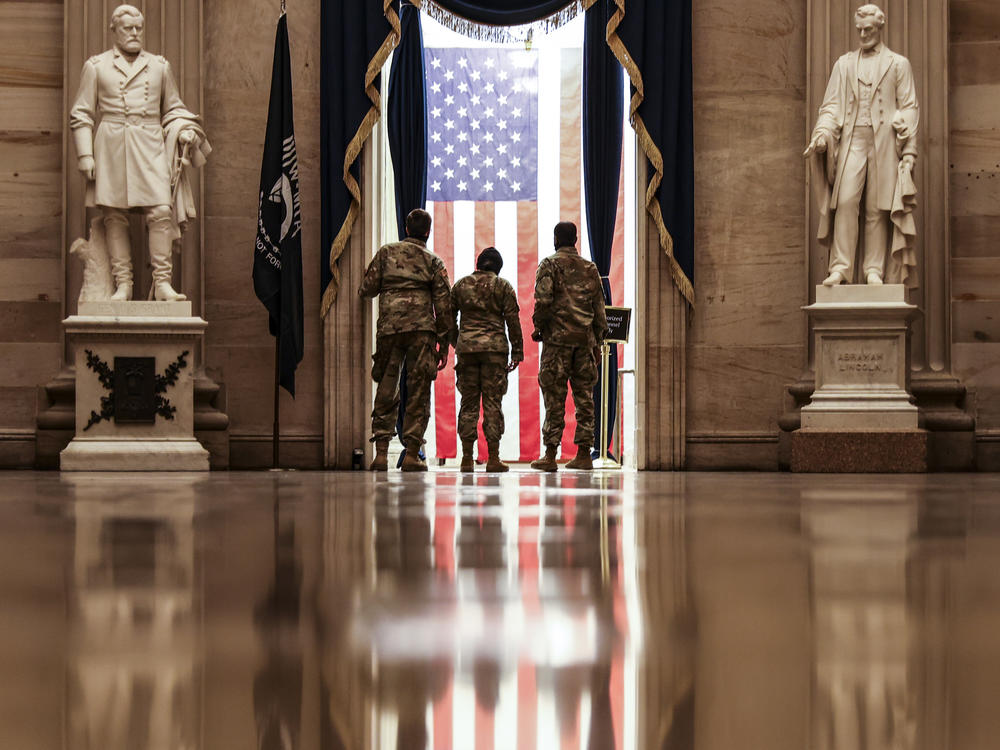 Members of the U.S. National Guard from Delaware in the Capitol Rotunda on Wednesday.