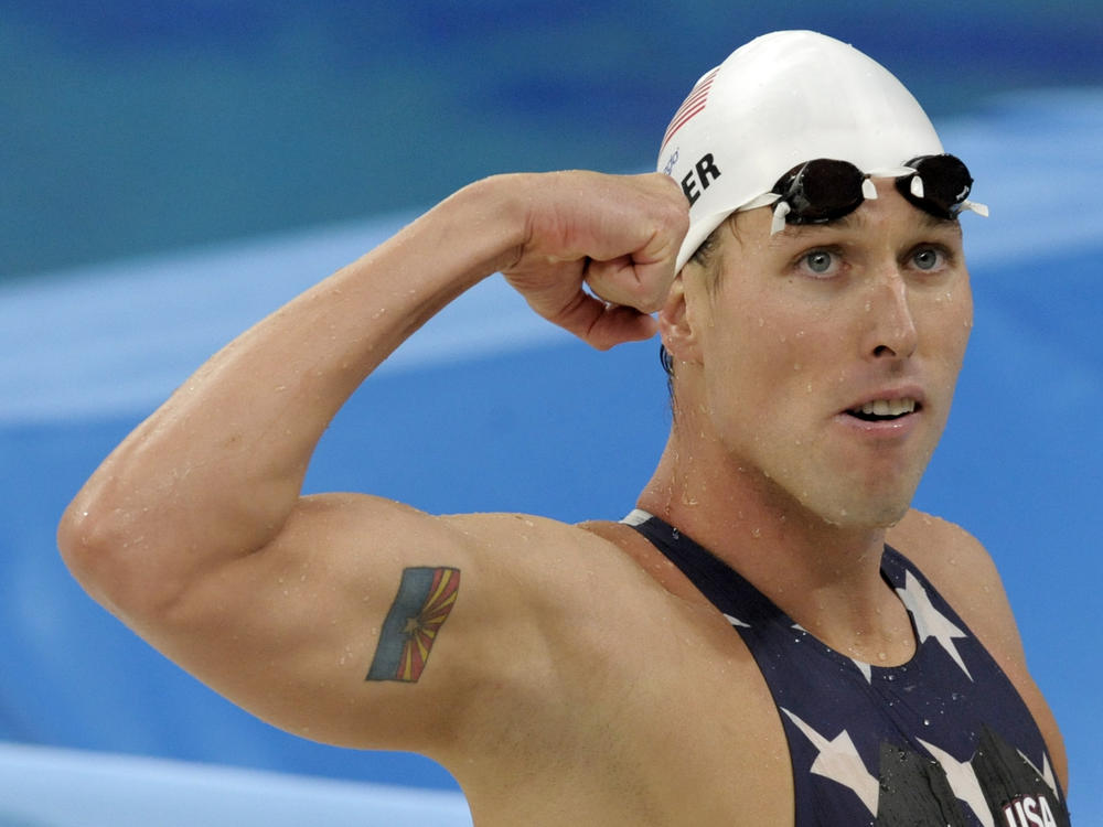 Keller reacts after a men's 4x200-meter freestyle relay heat during the swimming competitions at the 2008 Beijing Olympics.