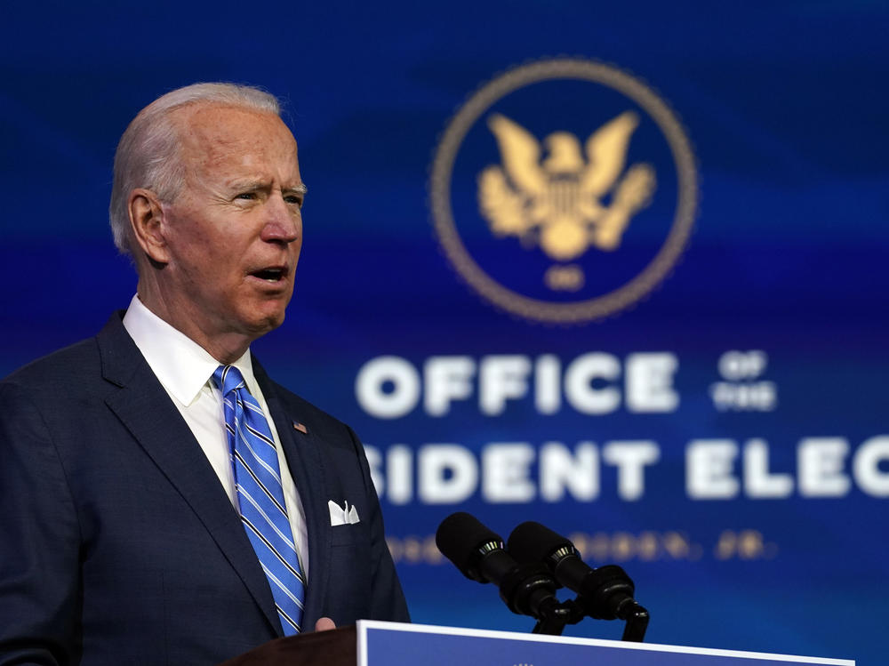 President-elect Joe Biden speaks about his COVID-19 relief plan Thursday evening in Wilmington, Del.