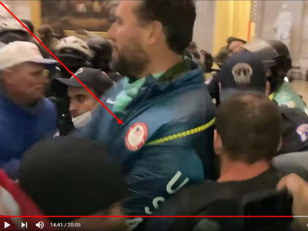 A screenshot from the Jan. 6 U.S. Capitol insurrection allegedly shows gold medalist swimmer Klete Keller wearing an Olympic jacket.