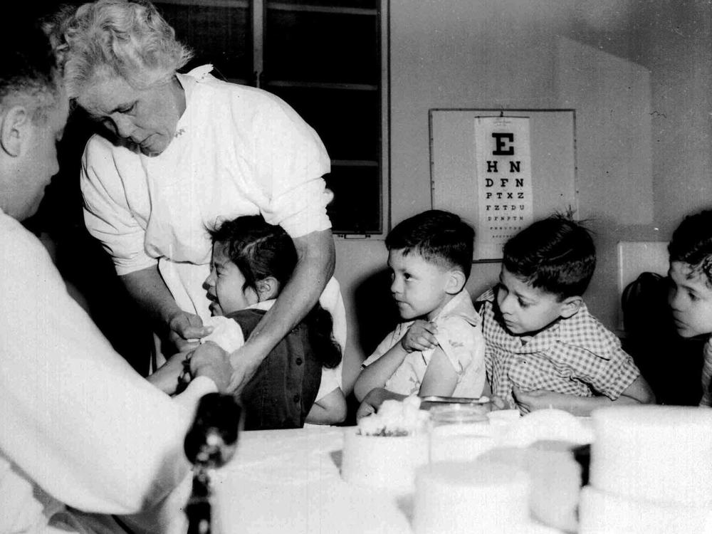 First and second graders at St. Vibiana's school in Los Angeles, Calif. were among the first inoculated against polio with the Salk vaccine in the spring of 1955.