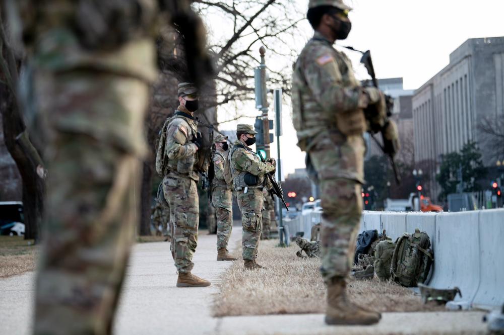 Members of the National Guard surround Capitol Hill on Thursday in preparation for next week's presidential inauguration.