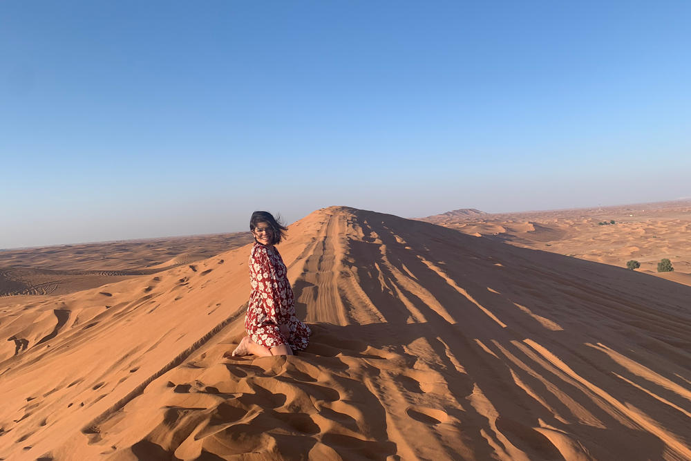 Lobna Zobeidat in the desert outside Dubai. She is a Palestinian Arab citizen of Israel who was able to visit a part of the Arab world that had previously been off limits to her as an Israeli passport holder. 