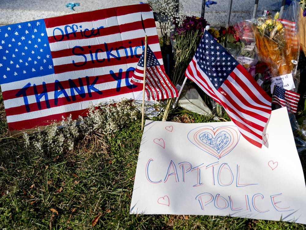A memorial for U.S. Capitol Police Officer Brian Sicknick, who was killed by rioters in the Jan. 6 attack, is set up near the U.S. Capitol.