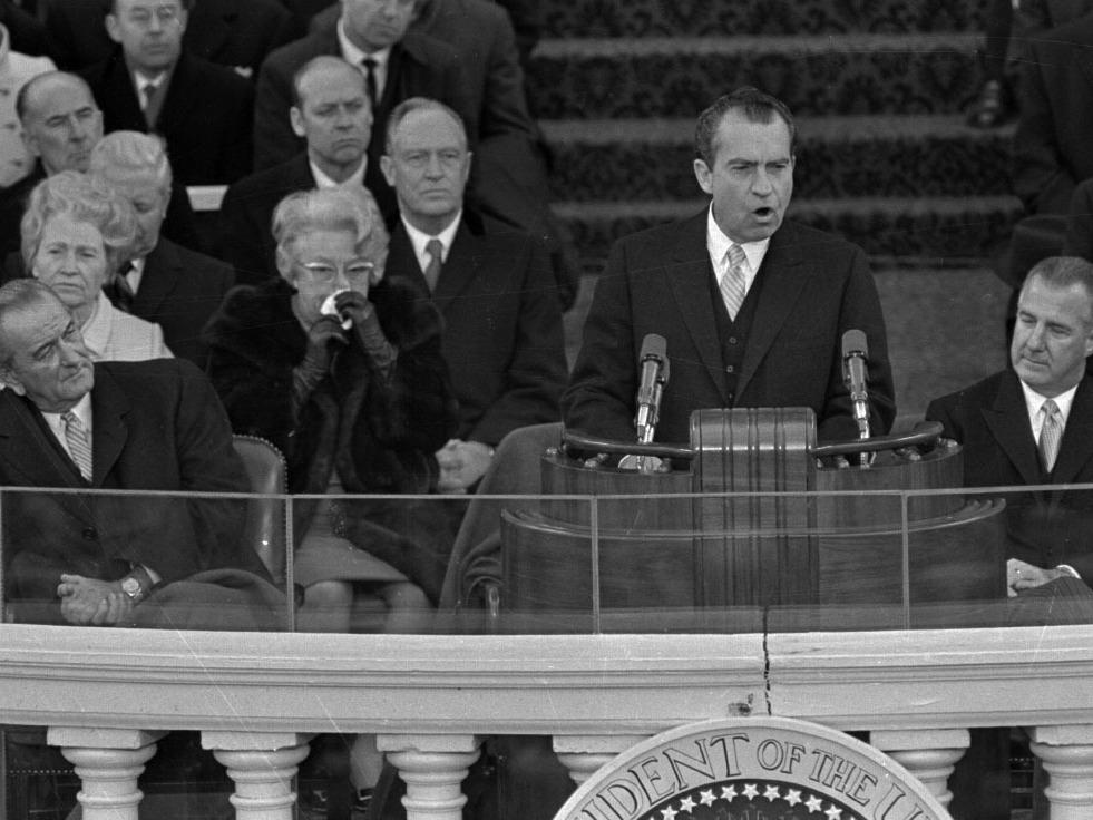 President Richard Nixon gives his inaugural address on Jan. 20, 1969.