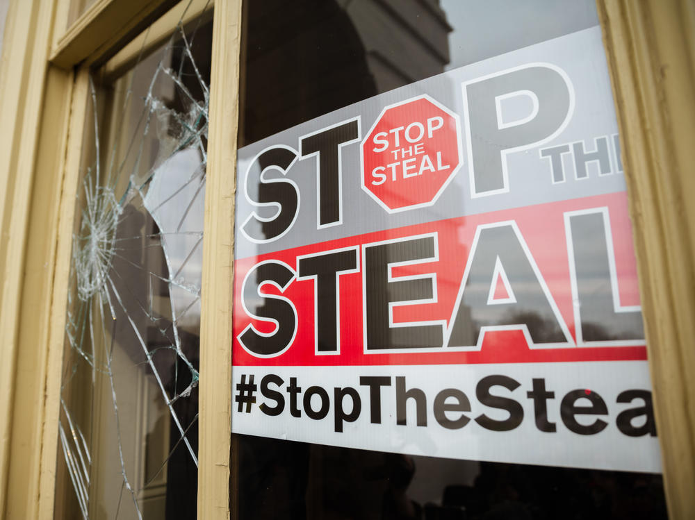 A Stop The Steal sign is posted inside the U.S. Capitol after a pro-Trump mob broke into the building on Jan. 6.