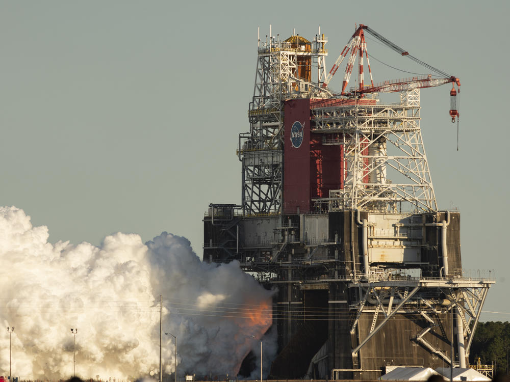 In this image provided by NASA, the core stage for the first flight of NASA's Space Launch System rocket is seen at NASA's Stennis Space Center near Bay St. Louis, Mississippi. The four engines fired for a little more than one minute.