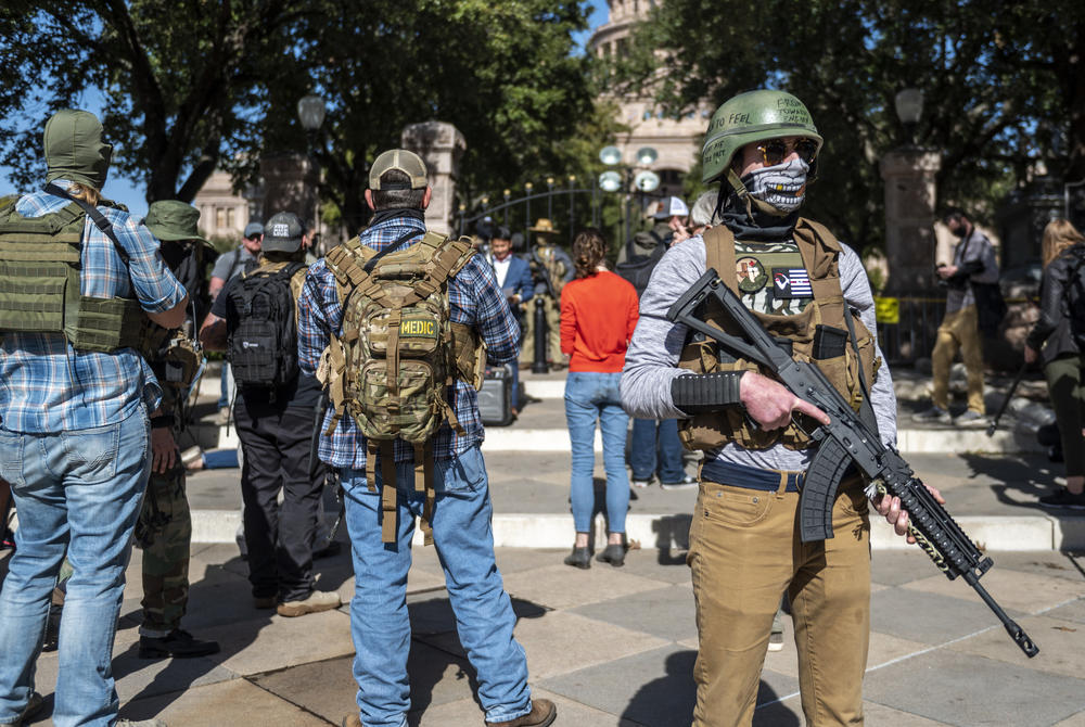 A small group of anti-government, pro-gun protesters demonstrate outside the Texas State Capitol building in Austin, Texas.
