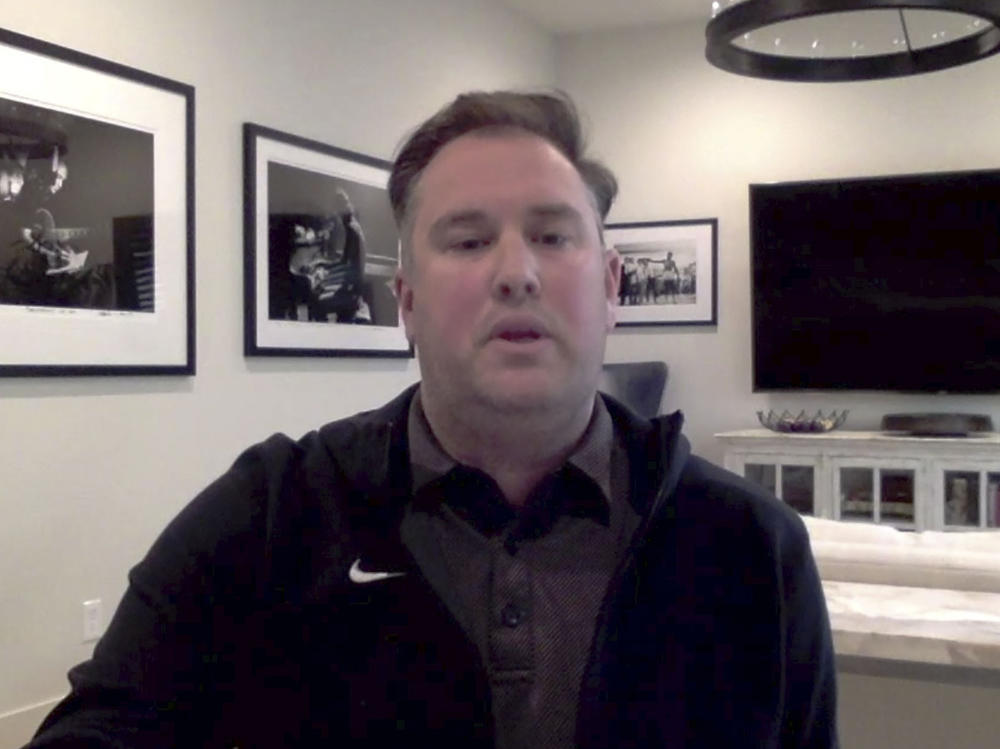 This screen grab from a December Zoom call shows New York Mets general manager Jared Porter. Porter sent graphic, uninvited text messages and images to a female reporter in 2016 when he was working for the Chicago Cubs in their front office, ESPN reported Monday night.