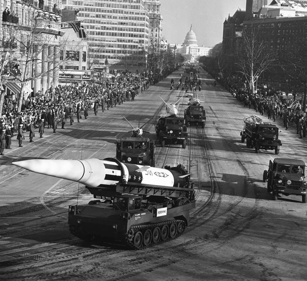 An Army Pershing missile mounted on a tank-like carrier is featured in the inaugural parade for President John F. Kennedy along Pennsylvania Avenue on Jan. 20, 1961.