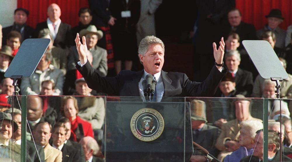 President Bill Clinton gestures as he delivers his inaugural address after taking the oath of office on Jan. 20, 1993. Clinton was sworn-in for a second term in front of the Capitol on Jan. 20, 1997, along with Vice President Al Gore.