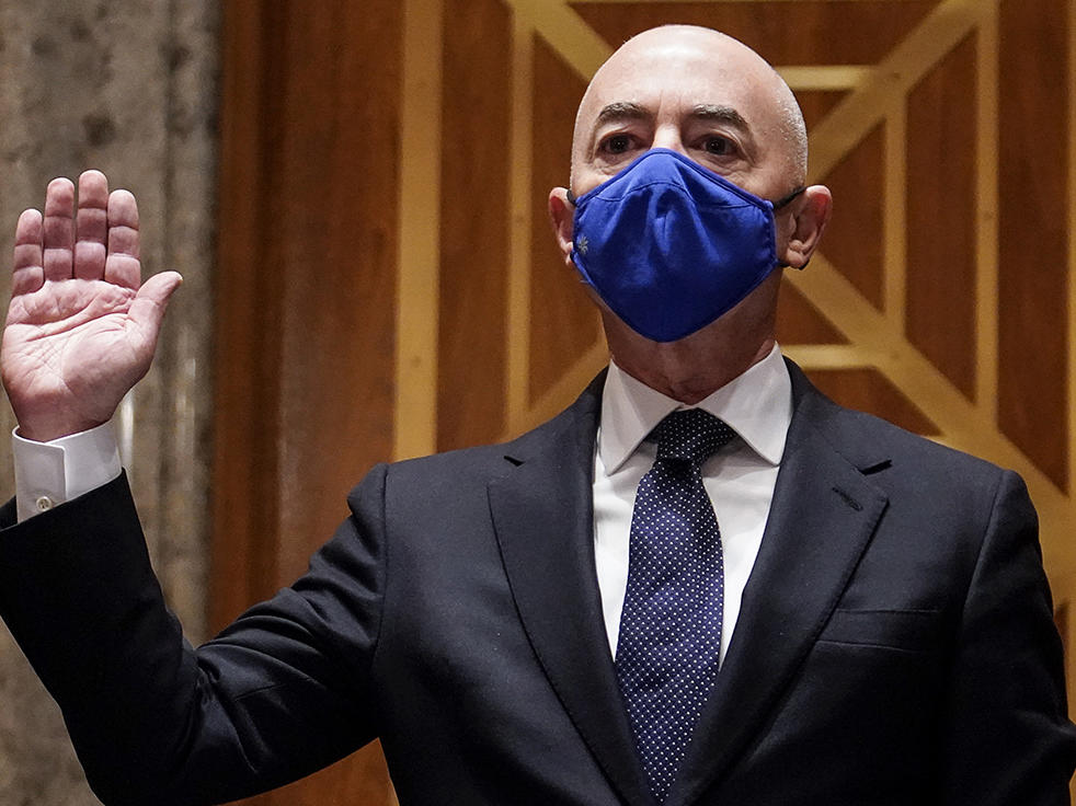 Alejandro Mayorkas, nominee to be secretary of homeland security, is sworn in to testify during his confirmation hearing in the Senate Homeland Security and Governmental Affairs Committee on Tuesday.