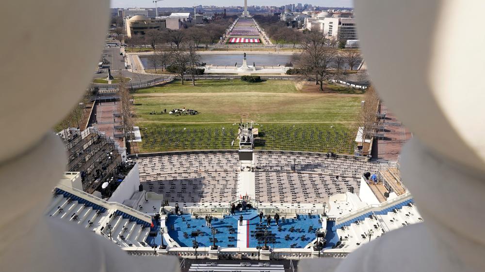 The stage at the U.S. Capitol is prepared for Biden's inauguration. There will be no crowd allowed on the National Mall this year.