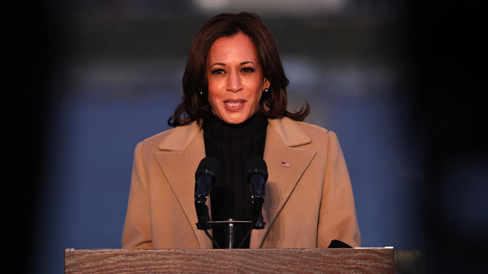 Vice President-elect Kamala Harris speaks at a memorial for victims of the coronavirus pandemic at the Lincoln Memorial on the eve of her inauguration as the first woman, first Black American and first person of Indian heritage to become vice president.